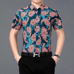 Camisas casuais masculinas 2023 verão gelo seda tops moda flores impressão roupas manga curta masculino suave legal