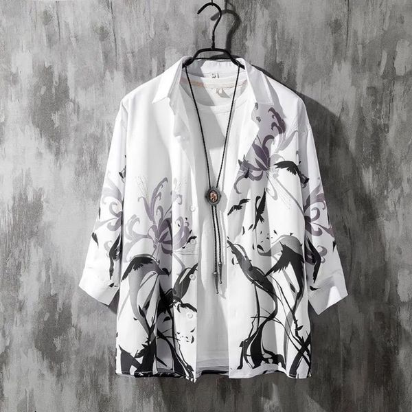 Chemises décontractées pour hommes 2023 Été Kimono Cardigan Hommes Crane Imprimer Mode AsainStreetwear Manches courtes Samurai Harajuku Vêtements japonais 230221