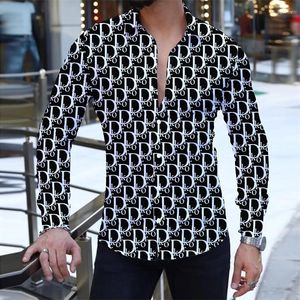 Chemises décontractées pour hommes 2023 été lettre imprimé polo pour hommes coupe ajustée à manches longues bouton quatre côtés élastique
