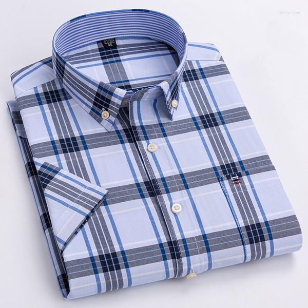 Camisas informales para hombre, verano 2023, manga corta, cuello cuadrado, rayas a cuadros, todo algodón, textil Oxford, camisa de negocios con un solo bolsillo, S-7XL