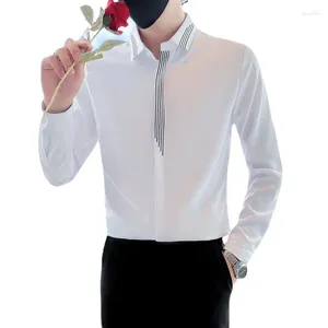 Chemises décontractées pour hommes 2023 Été Hommes Banquet d'affaires Slim Fit Robe Chemise Noir Blanc Mode Prom Party Stripe Décoration Haut à manches longues