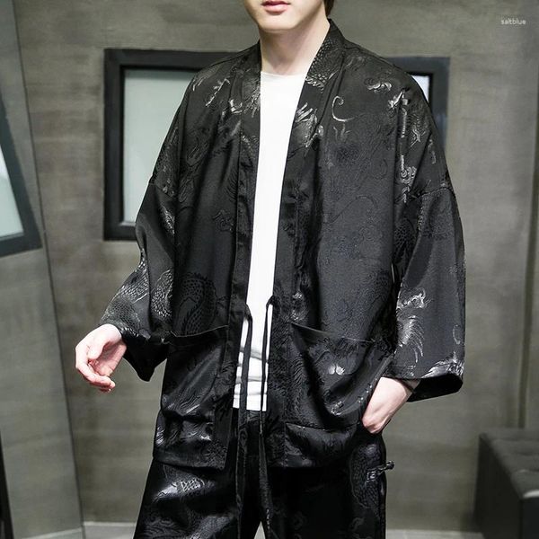Chemises décontractées pour hommes 2023 Été Hommes Style chinois Oversize Vintage Mens Open Stitch Kimono Vêtements Mâle Automne Black Ice Silkshirts