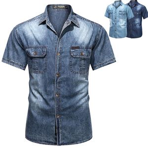 Camisas informales para hombre, verano 2023, de mezclilla para hombre, de manga corta, de algodón suave, ligeramente elásticos, para hombre, camisa de vaquero, ropa Vintage XXXL