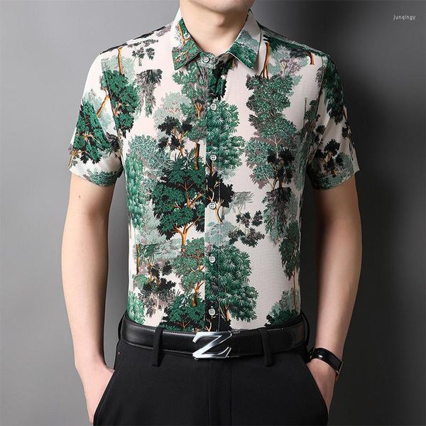 Chemises décontractées pour hommes 2023 Été Hommes Arbres Imprimer Chemise Mode Impression Mâle Manches Courtes Tops Fleurs Imprimé Creux Out Robe Vêtements