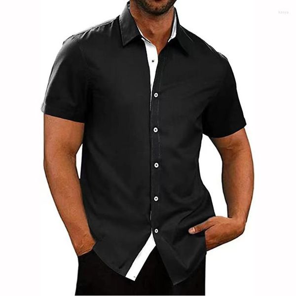 Chemises décontractées pour hommes 2023 été col polo devant contraste manches courtes bouton grande chemise extensible à quatre côtés