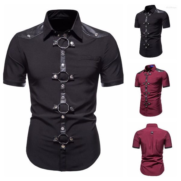 Chemises décontractées pour hommes 2023 été Punk chemise à manches courtes gothique Rivet Performance vêtements mode noir rouge couleur unie hauts vêtements