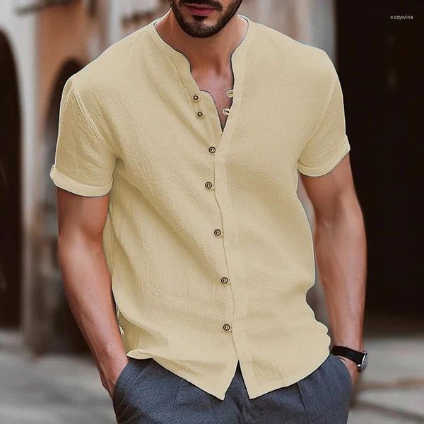 Chemises décontractées pour hommes 2023 Chemise d'été style hawaïen mode rétro bouton coton lin couleur unie hauts à manches courtes hommes