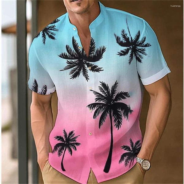 Camisas informales para hombre, camisa de verano 2023, manga corta, Polo hawaiano, botón, gradiente, estampado de árboles de coco, Top de calle