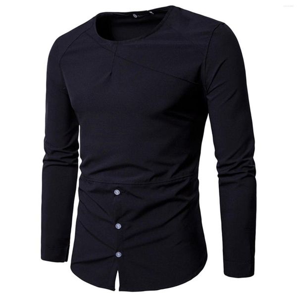 Camisas casuales para hombres 2023 Verano Slim Personalidad Sastrería Moda Manga larga Cuello redondo Camiseta para hombre Camiseta grande y alta