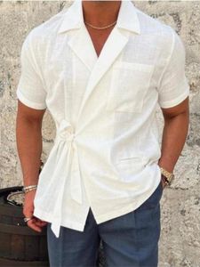 Mannen Casual Shirts 2023 Zomer Effen Kleur Polo Kraag Schoenveter Korte Mouwen Revers Lace Up Korte Mouwen