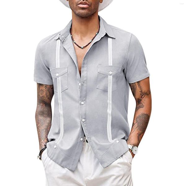 Camisas informales para hombre, verano 2023, camisa tradicional con cuello de campamento cubano, camiseta de manga corta con bolsillo y estampado a rayas para la playa