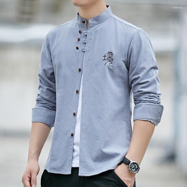 Chemises décontractées pour hommes 2023 Traditionnel chinois Hommes Col montant Rétro Chemise blanche Coton Tops Mâle Couleur Solide Vêtements Tunique Tang Costume