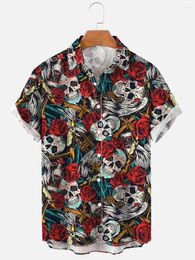 Camisas casuales para hombres 2023 Vintage Rose Style Hawaiian Skull Camisas Africanas Para Hombre Camicia Hawaiana