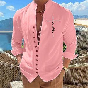 Chemises décontractées pour hommes 2023 printemps automne coton lin à manches longues couleur unie col montant mode Style grande taille hommes vêtements