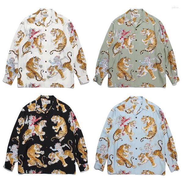 Camisas casuales para hombres 2023SS WACKO MARIA Tiger Impreso Camisa hawaiana de manga larga Camisa de manga larga de un solo pecho de alta calidad Polo para hombres Mujeres Tops