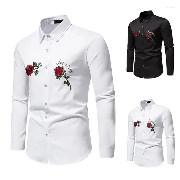 Chemises décontractées pour hommes 2024 Automne et hiver Mode Confortable Slim Fit Rose Broderie Chemise à manches longues