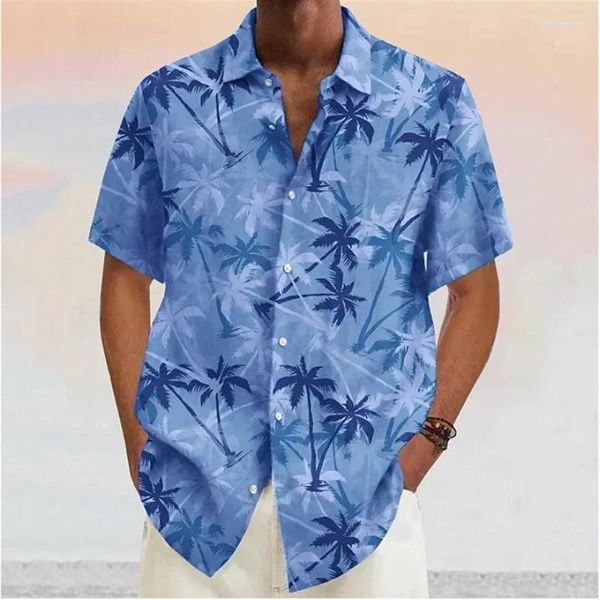 Camisas casuales para hombres 2024 Camisa de botón de solapa con estampado de árbol de coco Azul Hawaiano Mangas cortas Diseñador de moda Suave 7 colores Verano