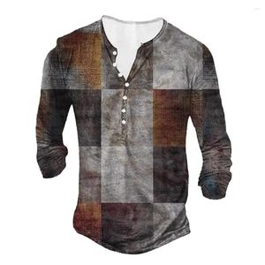 Chemises décontractées pour hommes 2024 Color Block Patchwork Chemise Henley 3D Vêtements imprimés Vintage à manches longues T Man Tees Tops Vêtements
