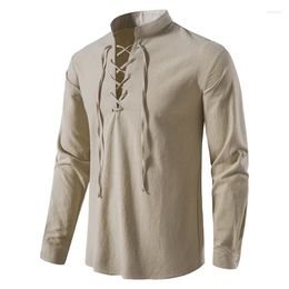 Chemises décontractées pour hommes 2024 coton lin henley manches longues à manches longues couleurs de plage de plage collier de chouchouses