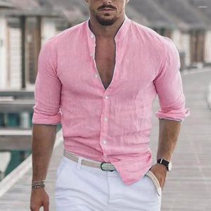 Chemises décontractées pour hommes 2024 coton lin mâle chemise col montant coupe régulière col en V à manches longues t-shirt printemps automne beau