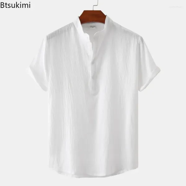 Chemises décontractées pour hommes 2024 Coton Linage d'été Summer Short Shirt Color Solide Breathable Hawaiian Beach Male Blouse for Men