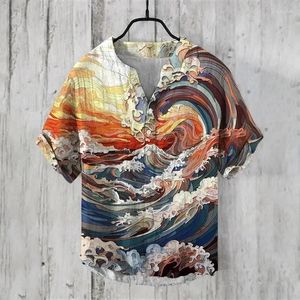 Chemises décontractées pour hommes 2024 Cross-Border Hawaiian Art Printing Color Wave Series 3D Digital Loose Short à manches