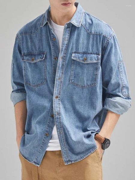 Chemises décontractées pour hommes 2024 Denim coton chemise à manches longues noir bleu goutte épaule bouton poches cowboy lâche travail jeans