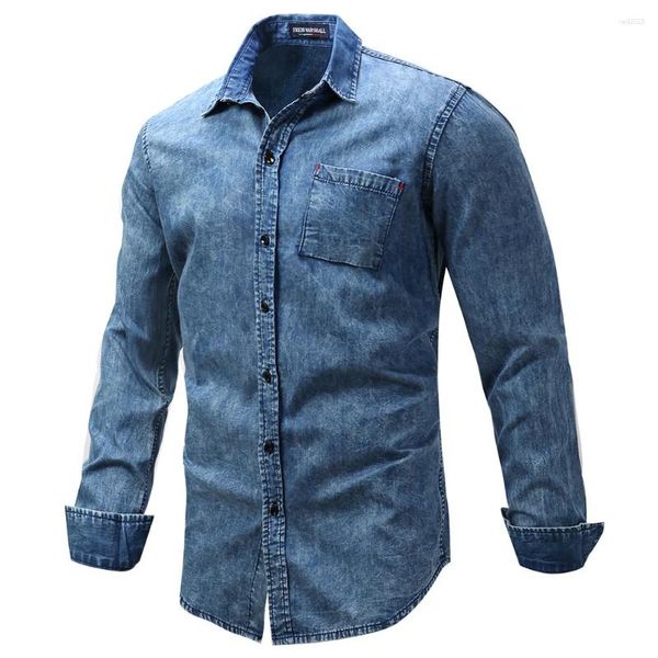 Chemises décontractées pour hommes 2024 Chemise en jean Plus Taille Revers à manches longues Poche plaquée Coton Bleu