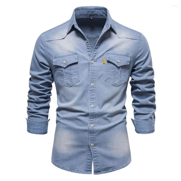 Camisas casuales para hombres 2024 Camisa de mezclilla de algodón elástico Hombres de manga larga Vaquero de calidad para Slim Fit Ropa de diseñador para hombre
