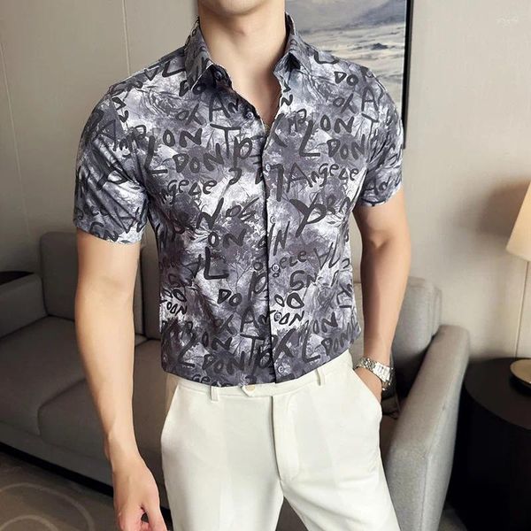 Camisas casuales para hombres 2024 Carta de moda Impreso Hombres Verano Manga corta Slim Fit Social Tuxedo Blusa Streetwear M-4XL