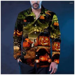 Chemises décontractées pour hommes 2024 Halloween manches longues Noël pour hommes Pumpkin Lights 3D Imprimer Holiday Party Tops