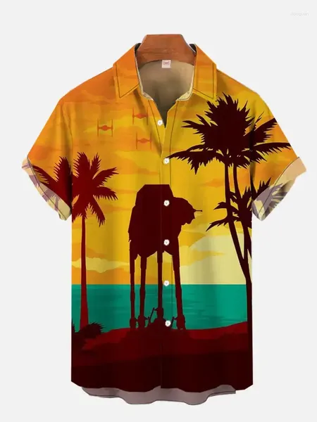 Chemises décontractées pour hommes 2024 Hawaii Beach Sunset Coconut Tree et Walker Imprimeur blindé Shirt à manches courtes plus taille S-5XL