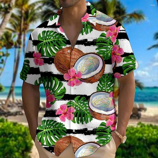 Camisas casuales para hombres 2024 Coco de coco hawaiano Fruit fruta impresa Camisa de manga corta Botón Top con ropa para mareas