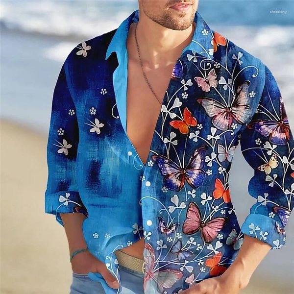 Camisas casuales para hombres 2024 Vestido hawaiano Camisa de mariposa floral Moda Mangas largas Tops Tendencia Ocio Vacaciones Ropa de impresión de algodón de lujo