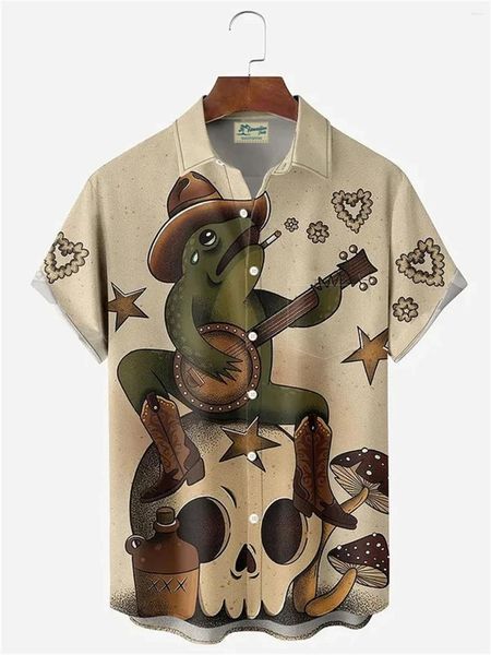 Chemises décontractées pour hommes 2024 Chemise à manches courtes imprimée hawaïenne Jouant la grenouille Haut à revers à la mode Grande taille
