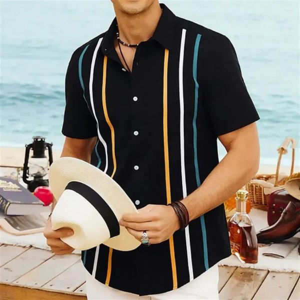 Chemises décontractées pour hommes 2024 Hawaiian Stripe Fashion Men Men Shirt rétro Polo Polo à manches courtes Social plage Office 3D Print Street Wear Summer