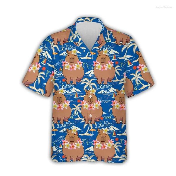 Camisas casuales para hombres 2024 Kawaii Capybara Gráfico para hombres Ropa Impresión 3D Camisa de playa hawaiana Manga corta Y2k Lindos niños Tops Blusa de solapa