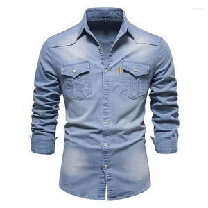 Casual overhemden voor heren 2024 Denim overhemd met lange mouwen Lente Herfst Katoen Top Zak Decoratie Revers Knop Cargo Grote maat 4 kleuren