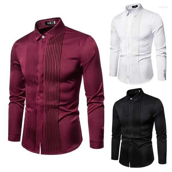 Chemises décontractées pour hommes 2024 Chemise à manches longues Style britannique Revers plissé Uniforme Robe Bas