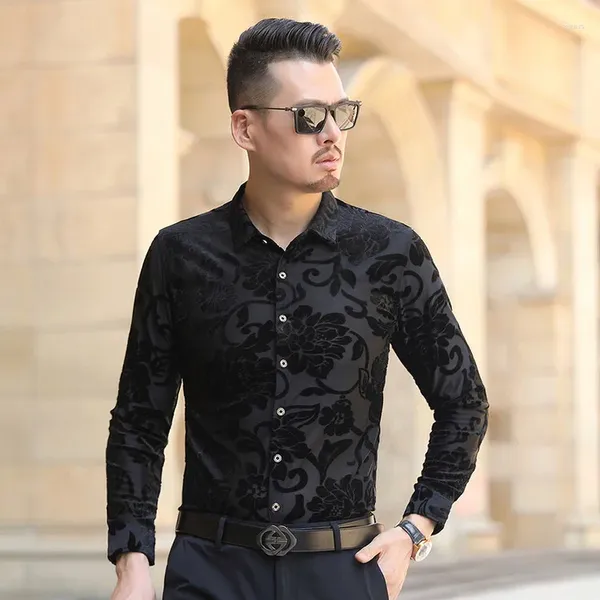 Camisas casuales para hombres 2024 Hombre Hollow Flowers Velvet Sexy Men Manga larga Floral Party Club Vestido Camisa