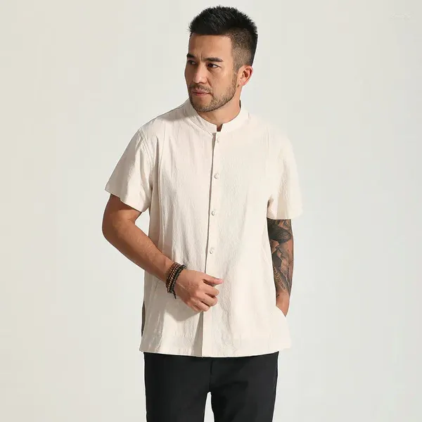 Chemises décontractées pour hommes 2024 Hommes Coton Beige Blanc Noir Col Mandarin Simple Boutonnage À Manches Courtes Tops Mâle Zen Style Top Été Printemps