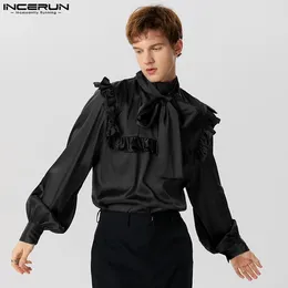 Casual shirts voor heren 2024 MAN SHIRT SILF SATIN Turtleneck Lace Up Streetwear Clothing Ruche Mode Unisex Incerun