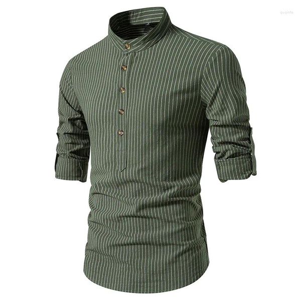 Chemises décontractées masculines 2024 MENS MENS GREEN rayé Henley Long Slim Fit Cotton Business Down Down Band Collars Hombre