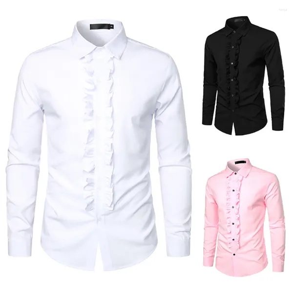 Chemises décontractées pour hommes 2024 Hommes Solide Couleur Robe de mariée Chemise à manches longues Volants Volants Dîner Tuxedo Rétro Style Médiéval Party Hommes Top