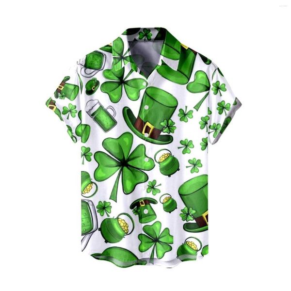 Chemises décontractées pour hommes 2024 Mens St Day Chemise Festive Gold Four Leaf Imprimer Vert Revers à manches courtes Loisirs Hommes Vêtements Vintage Tops