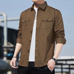 Camisas casuales para hombres 2024 Estilo militar Manga larga Camisa delgada Algodón Epaulet Doble bolsillo al aire libre