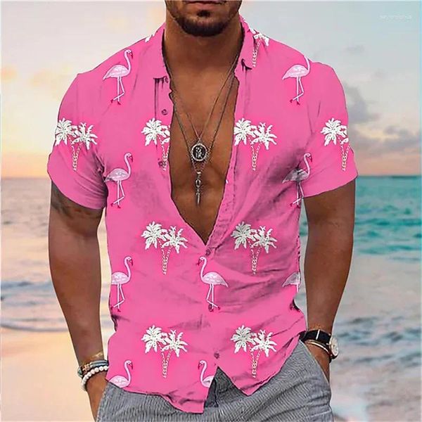 Chemises décontractées pour hommes 2024 Chemise hawaïenne Flamingo Coconut Tree Graphics 3D Impression Rue à manches courtes de haute qualité