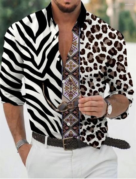 Chemises décontractées pour hommes 2024 chemise motif patchwork imprimé à manches longues revers vêtements de fête confortable tissu doux haut S-6XL