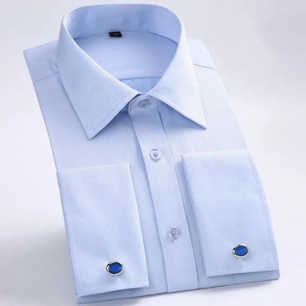 Chemises décontractées pour hommes 2024 solide français manchette robe chemise à manches longues boutons d'affaires formels mâle coupe régulière boutons de manchette