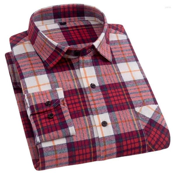 Camisas casuales para hombres 2024 Camisa a cuadros de franela cepillada de algodón de primavera y otoño Manga larga Sin planchado Slim Fit Moda de negocios